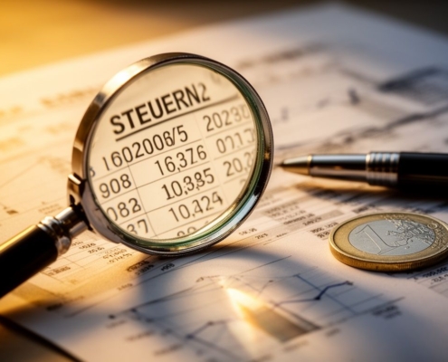 Eine Lupe und Zahlen, daneben eine Euromünze und ein Stift