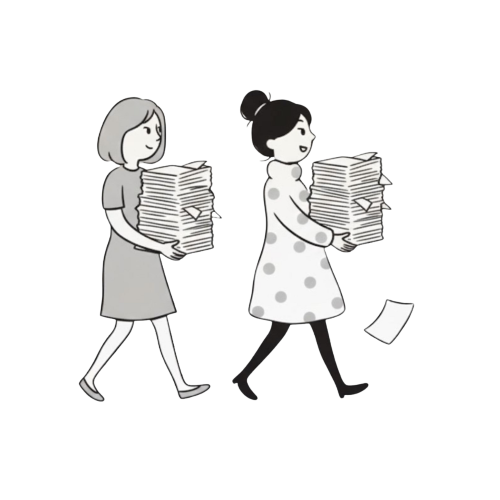 Illustration von zwei Damen, die jeweils einen Stapel Akten tragen