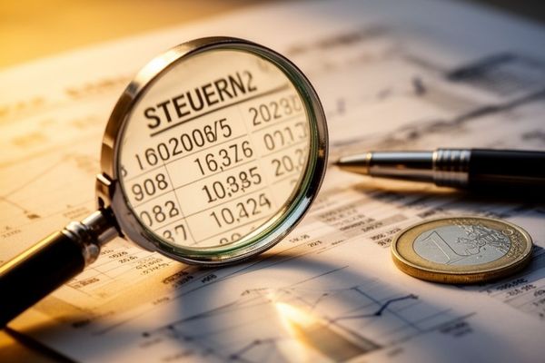 Zu sehen ist eine Lupe die Zahlen und das Wort Steuern hervorhebt