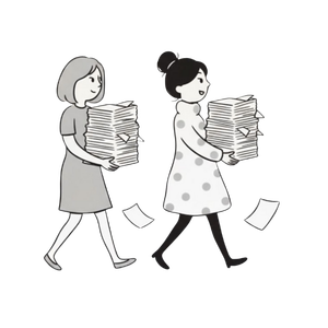 Illustration von zwei Frauen die einen Stapel Zettel tragen