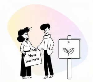 Illustration von zwei Personen, die ein Schild mit New Business halten