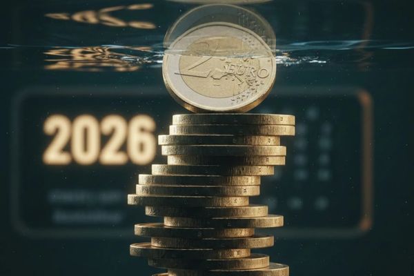 Zu sehen sind 2 Euro Münzen unter Wasser und das Jahr 2026